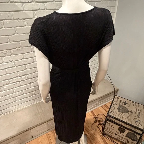 Lush Black Textured Midi Dress Small | Minimalist Luxe Belted V-Neck EU Chic - Picture 11 of 16